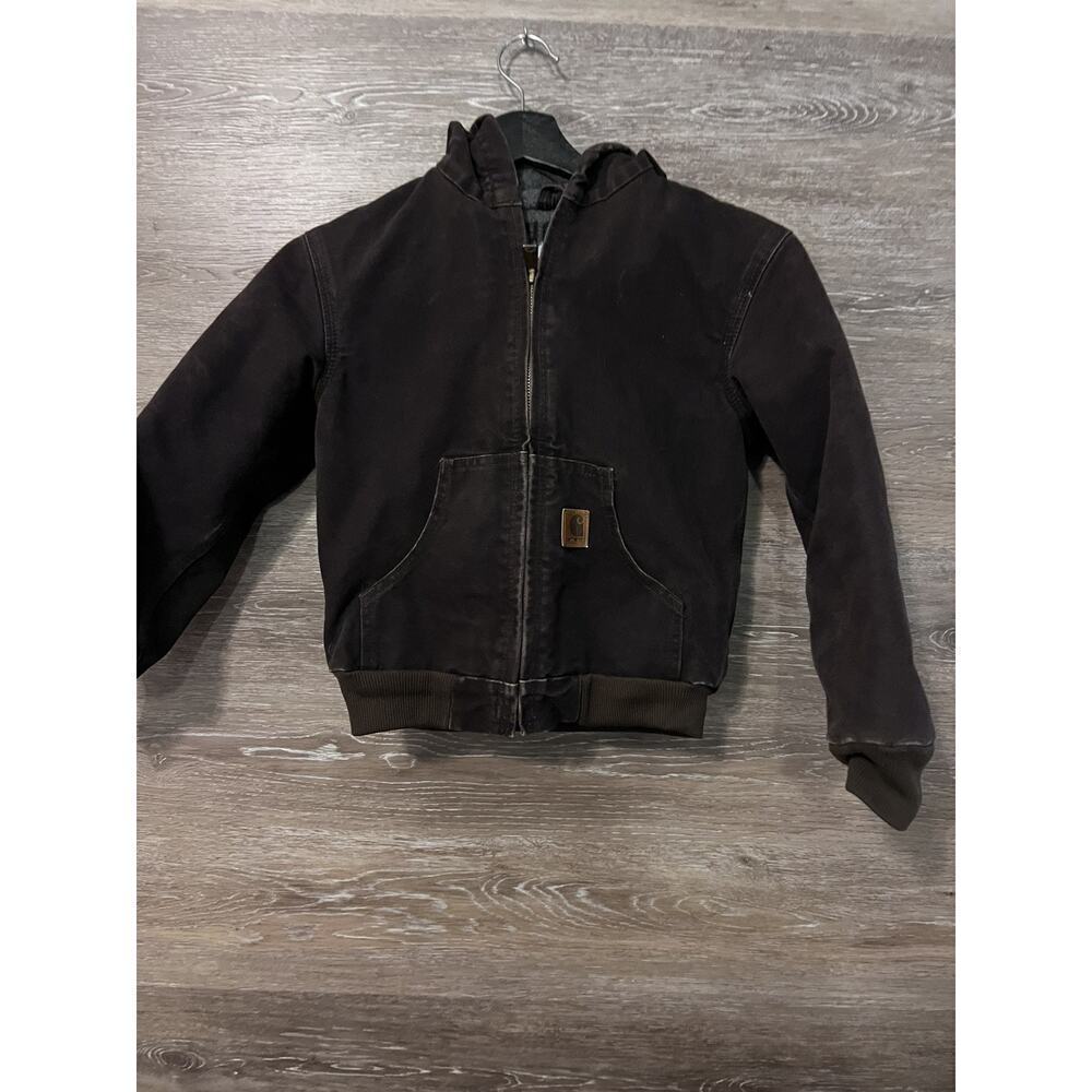 Carhartt Jacket Youth Size Medium Full Zip Brown Canvas Front Pockets 7/8 Kids